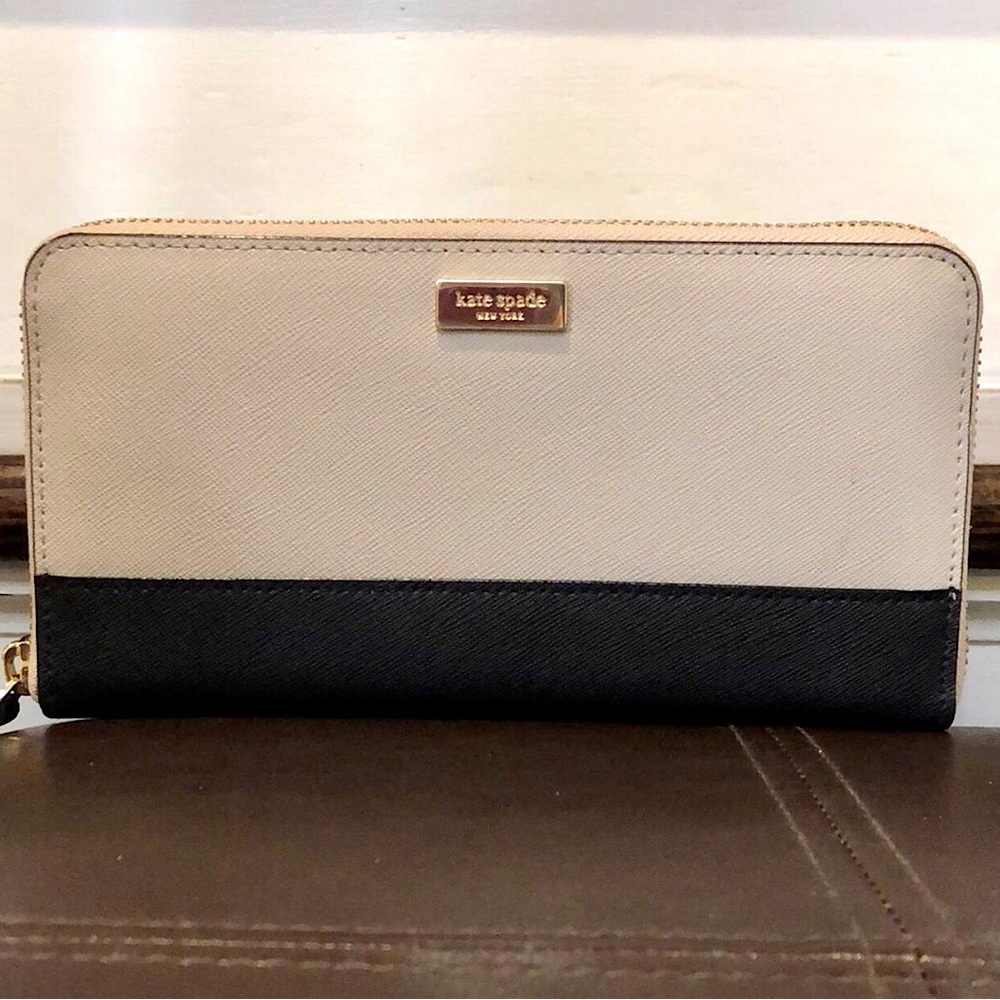 KATE SPADE Taupe & Black Saffiano Leather Continental Wallet Gold Zipper